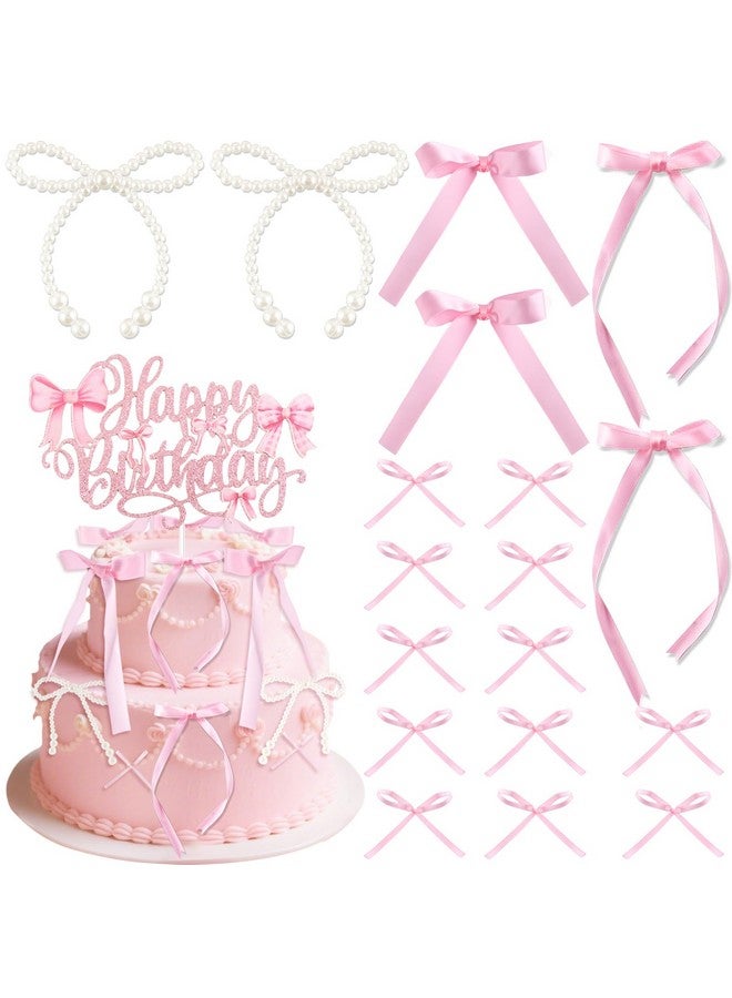 ZLSPTK 40Pcs Bow Cupcake Topper Pink 1 Happy Birthday Pearl Bowknot Cake Topper Coquette 3D Ribbon Cupcake Decorations for Baby Shower Cute Cake Dessert Picks Aesthetic Wall Party Wedding Room Decor Supplies - Image 1