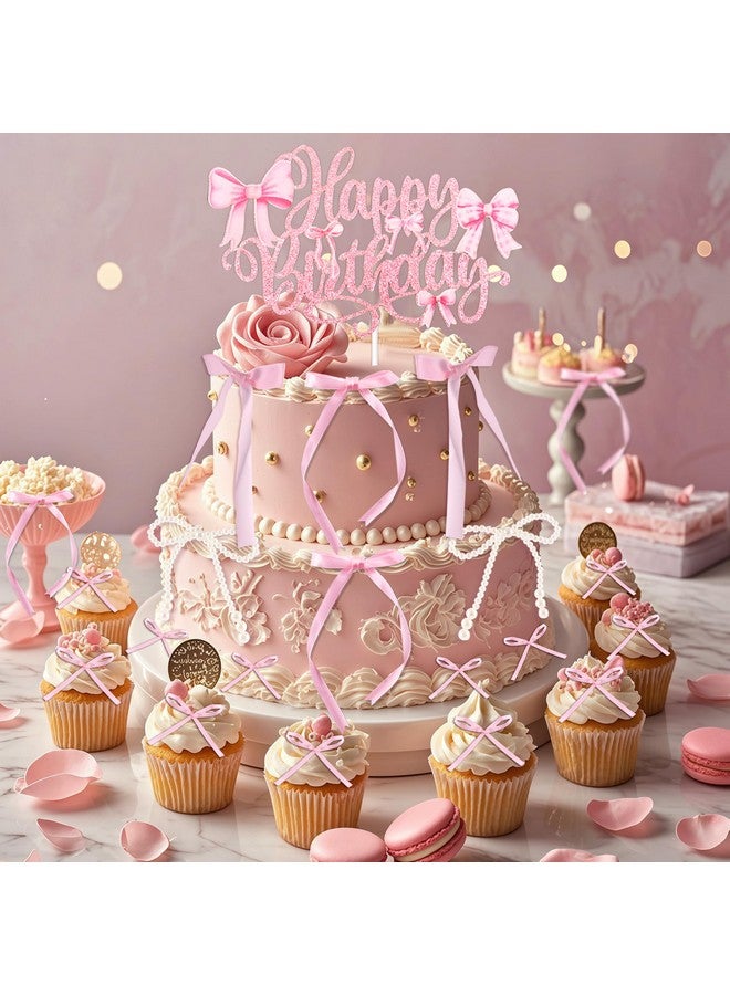 ZLSPTK 40Pcs Bow Cupcake Topper Pink 1 Happy Birthday Pearl Bowknot Cake Topper Coquette 3D Ribbon Cupcake Decorations for Baby Shower Cute Cake Dessert Picks Aesthetic Wall Party Wedding Room Decor Supplies - Image 5
