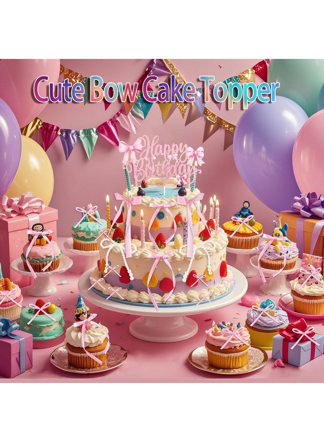 ZLSPTK 40Pcs Bow Cupcake Topper Pink 1 Happy Birthday Pearl Bowknot Cake Topper Coquette 3D Ribbon Cupcake Decorations for Baby Shower Cute Cake Dessert Picks Aesthetic Wall Party Wedding Room Decor Supplies - Image 2