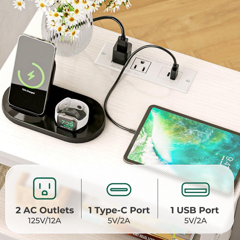 Huuger Nightstand with Charging Station, 27.6 Inch Side Table with Drawers, PU Leather Finish, End Table Bedside Table with USB Ports and Outlets, Night Stand for Bedroom, White - Image 3