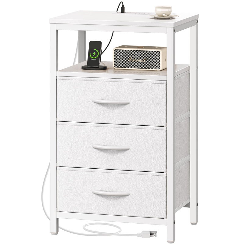 Huuger Nightstand with Charging Station, 27.6 Inch Side Table with Drawers, PU Leather Finish, End Table Bedside Table with USB Ports and Outlets, Night Stand for Bedroom, White - Image 1