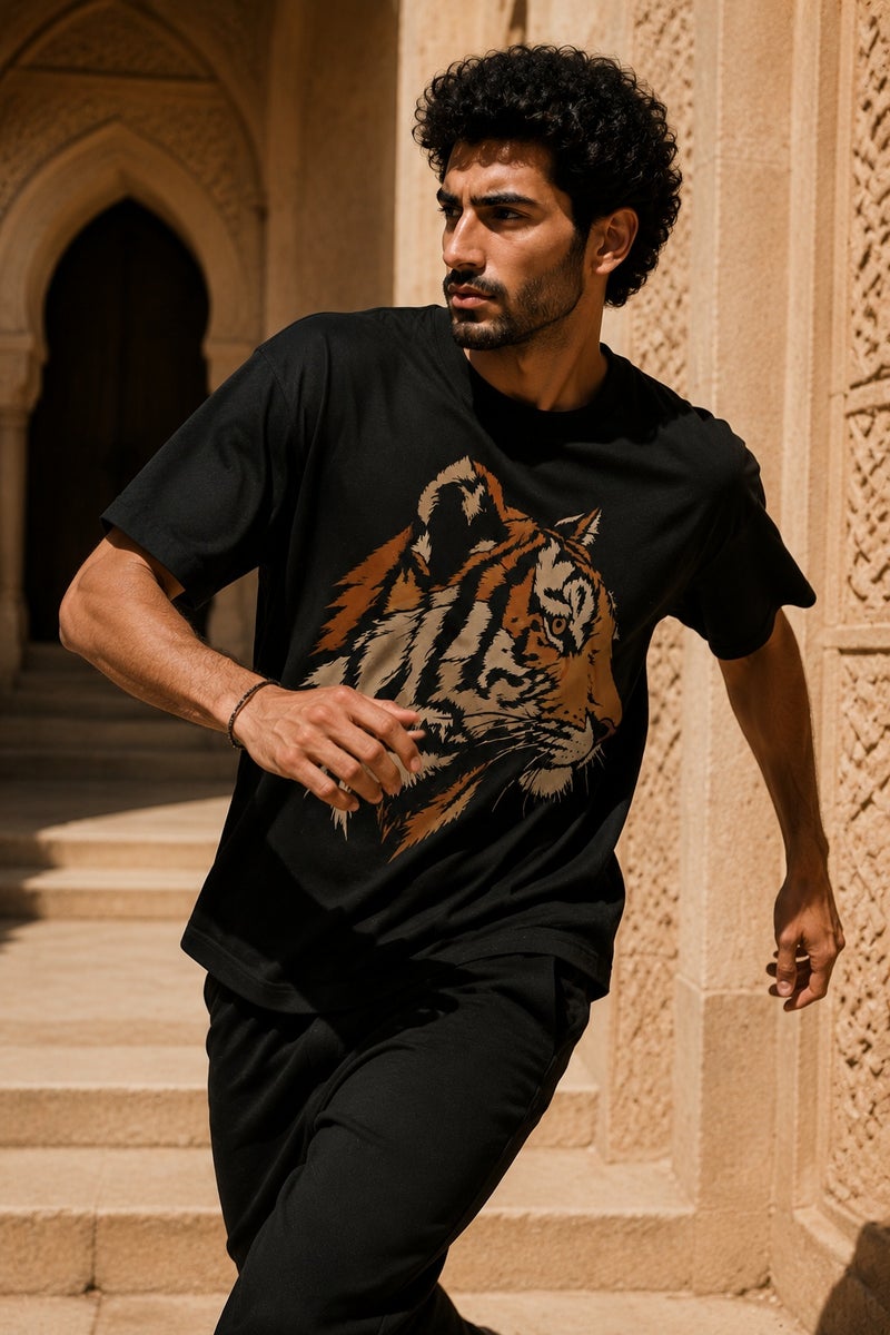 Men's Black Tiger Graphic T-Shirt Casual Short Sleeve Crew Neck Streetwear Tee - Image 3