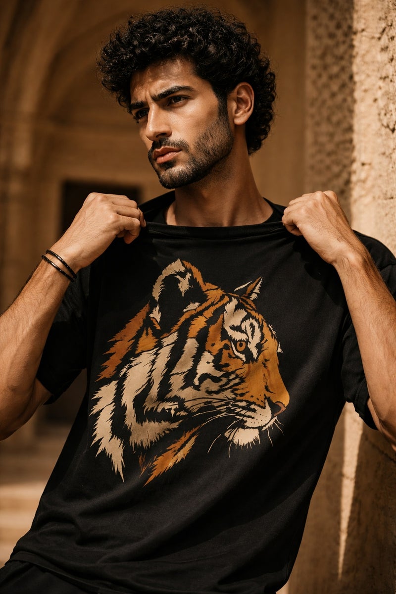 Men's Black Tiger Graphic T-Shirt Casual Short Sleeve Crew Neck Streetwear Tee - Image 1
