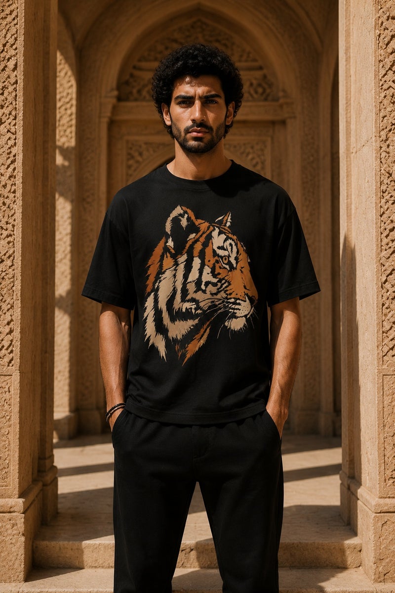 Men's Black Tiger Graphic T-Shirt Casual Short Sleeve Crew Neck Streetwear Tee - Image 2