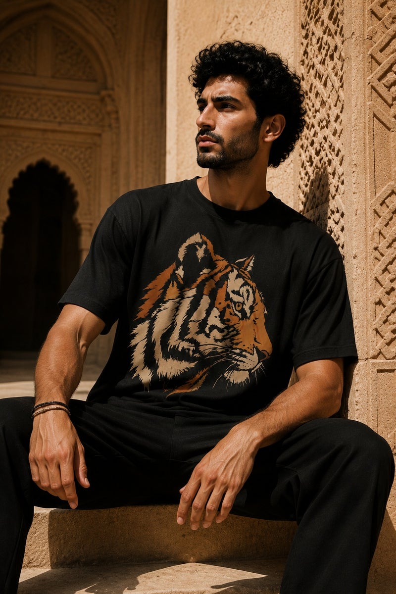 Men's Black Tiger Graphic T-Shirt Casual Short Sleeve Crew Neck Streetwear Tee - Image 4