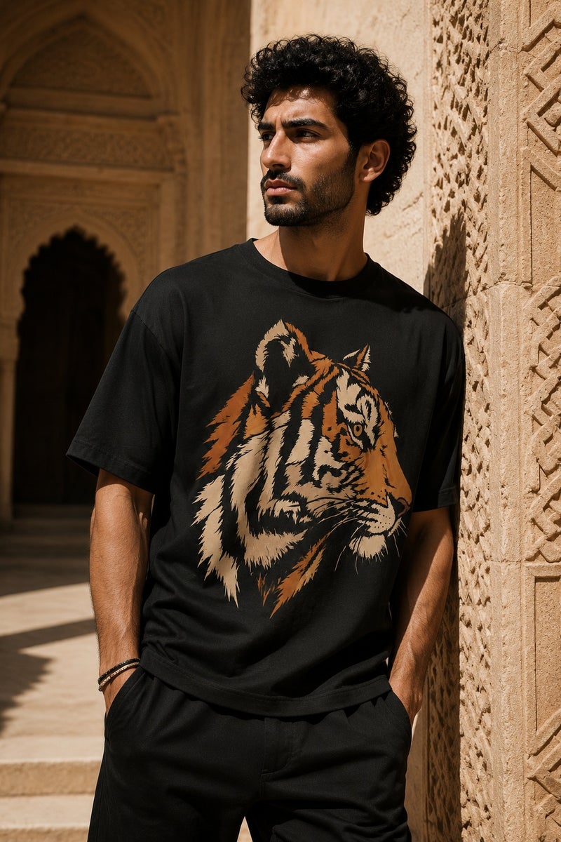 Men's Black Tiger Graphic T-Shirt Casual Short Sleeve Crew Neck Streetwear Tee - Image 5