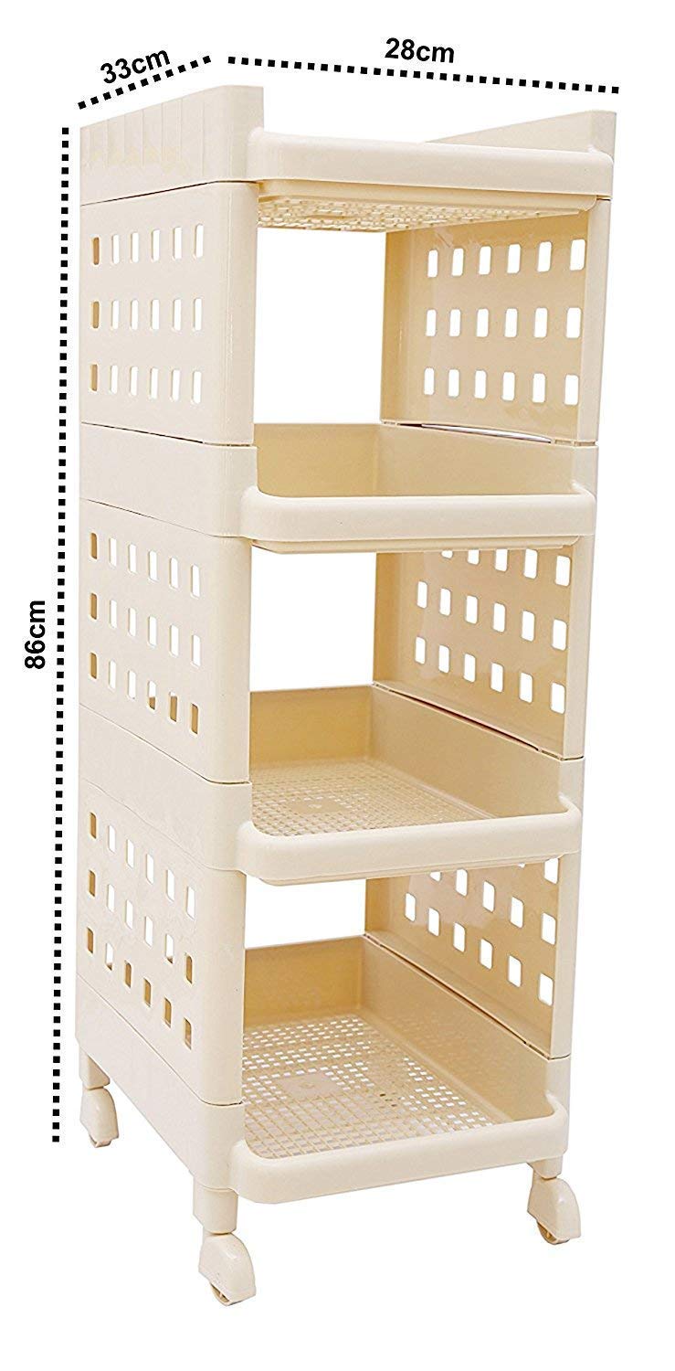 NANIAAY Polypropylene Movable Storage Rack MultiFunctional Folding Organizer with Rolling Castors Polished Finish for Kitchen Bathroom Bedroom Laundry or Garage Storage Off White - Image 3
