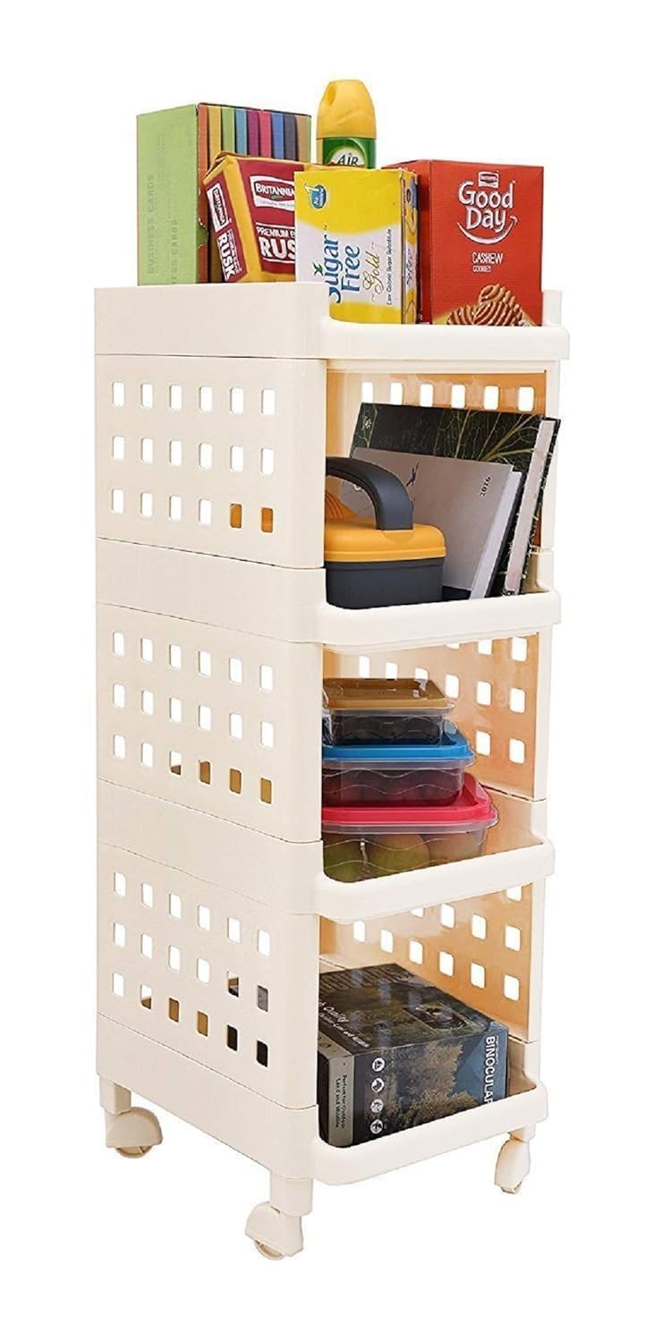 NANIAAY Polypropylene Movable Storage Rack MultiFunctional Folding Organizer with Rolling Castors Polished Finish for Kitchen Bathroom Bedroom Laundry or Garage Storage Off White - Image 4