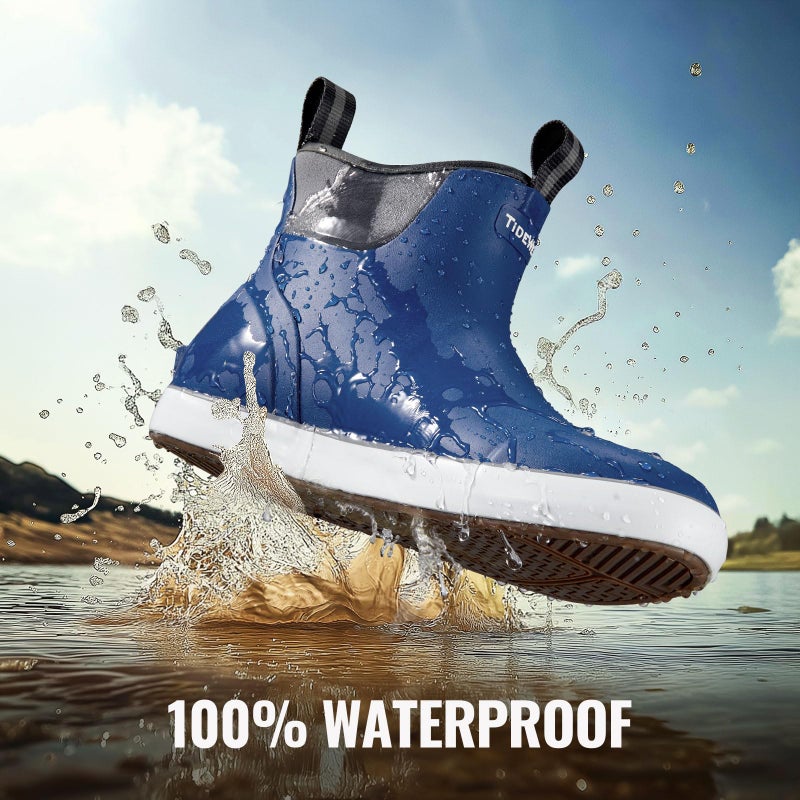TIDEWE Deck Boots for Men, Waterproof Fishing Boots, Slip On Neoprene Rubber Ankle Rain Boots for Boating (Naby Blue, Size 12) - Image 3