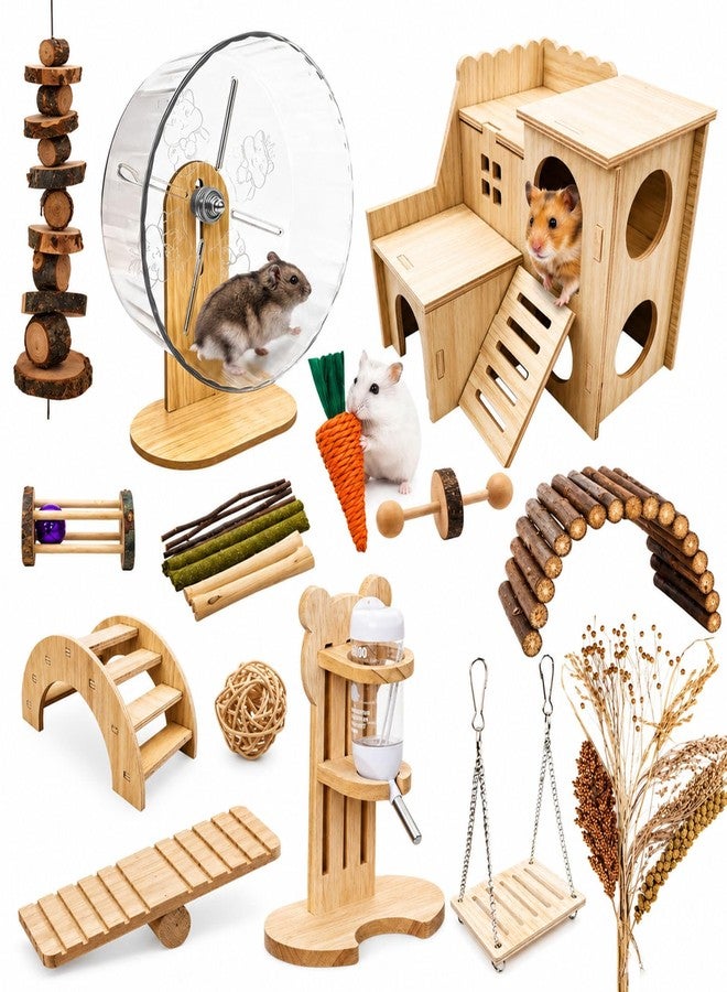 PARAQUIP 26 Pcs Hamster Cage Accessories, Guinea Pig Toys, Silent Hamster Wheel, Rat Chew Toys, Maze Wood House and Water Bottle Set for Guinea Pig, Chinchillas, Gerbils, Mice, Rats, Mouse, Rabbit - Image 1