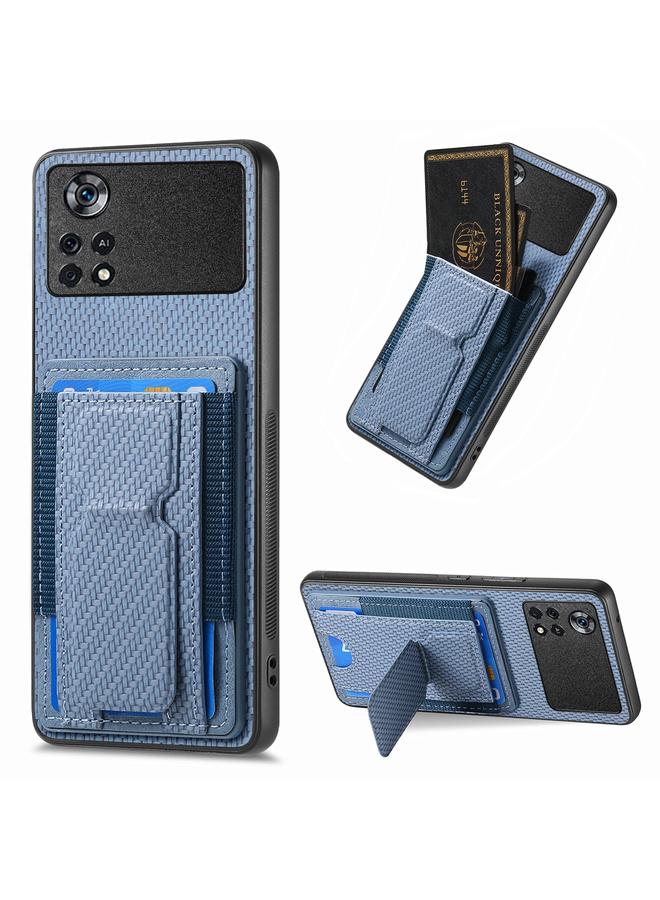 جرين تايجر جراب هاتف Xiaomi Poco X4 Pro 5G مصنوع من ألياف الكربون مع حامل قابل للطي وحقيبة بطاقات مرنة (أزرق)