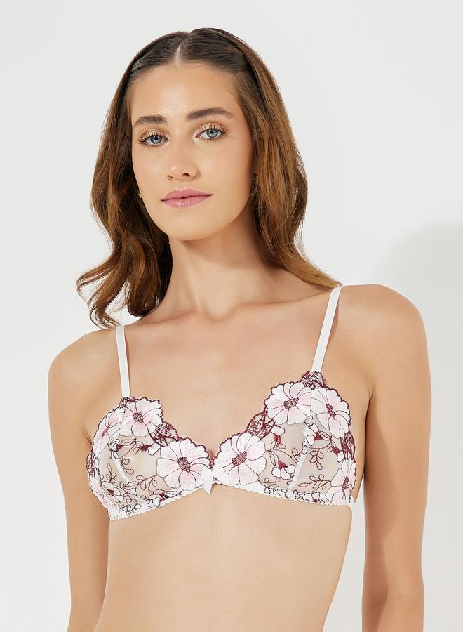 Styli Contrast Floral Embroidered Mesh Bralette & Shorts Set  - Image 2