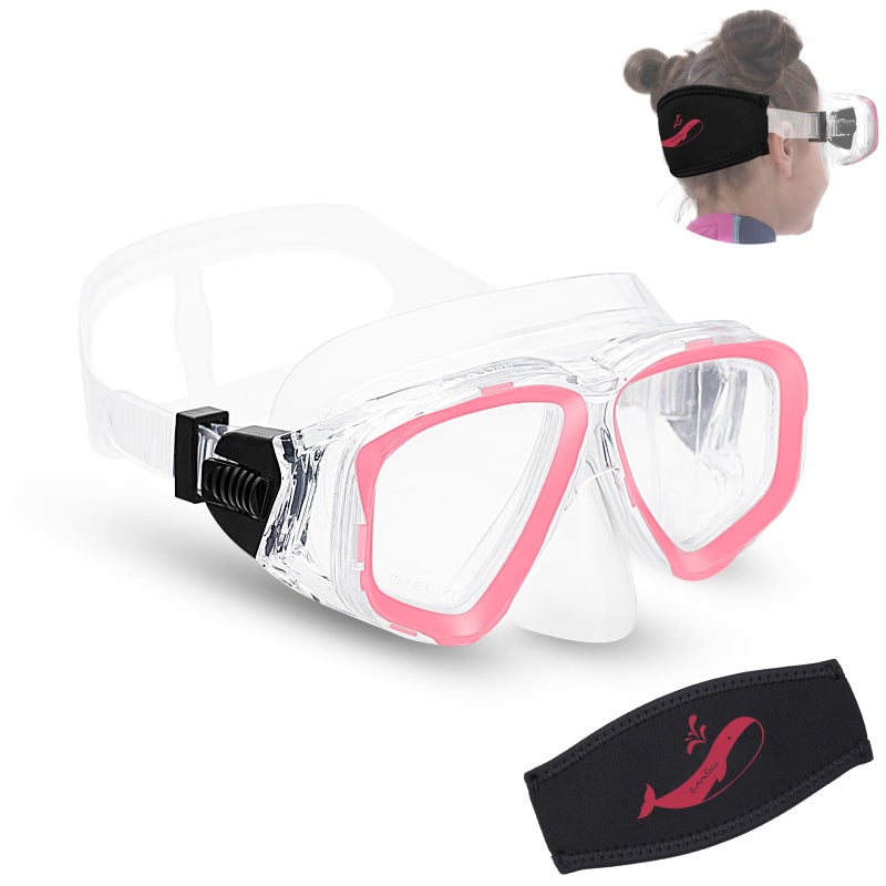 OMGear Kids Swimming Silicone Swim Mask Snorkeling Gear for Kids Tempered Glass Snorkel Goggles with Nose Cover Scuba Diving Goggles with Cute Neoprene Mask Strap Cover (Pink) - Image 1