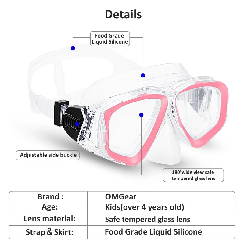 OMGear Kids Swimming Silicone Swim Mask Snorkeling Gear for Kids Tempered Glass Snorkel Goggles with Nose Cover Scuba Diving Goggles with Cute Neoprene Mask Strap Cover (Pink) - Image 2