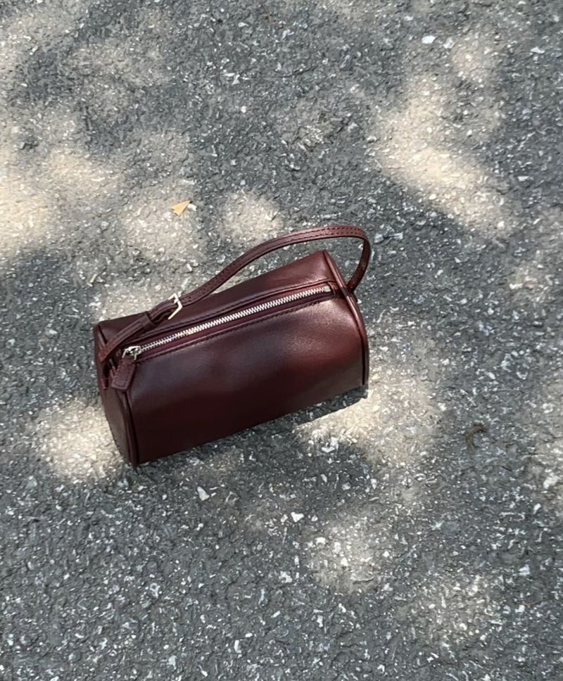 2024 Korean Style Niche Cowhide Pen Bag 90s Mini Simple Shoulder Crossbody Cylinder Bag Leather Pen Bag Bordeaux Red Cowhide