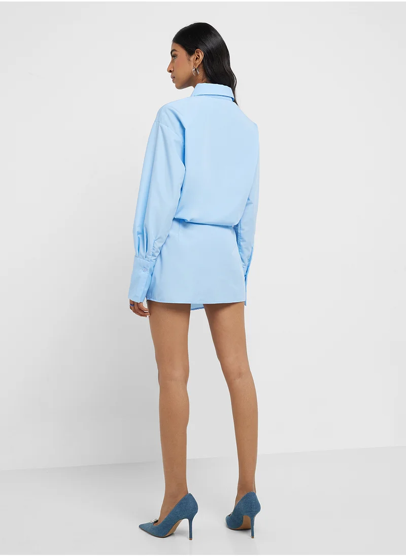 جينجر Clinched Waist Button Down Shirt Dress