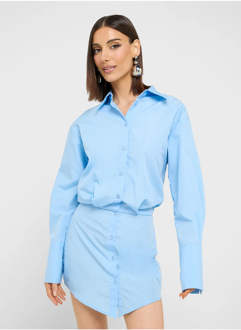 جينجر Clinched Waist Button Down Shirt Dress
