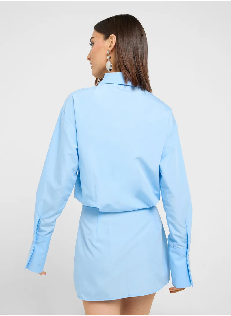 جينجر Clinched Waist Button Down Shirt Dress