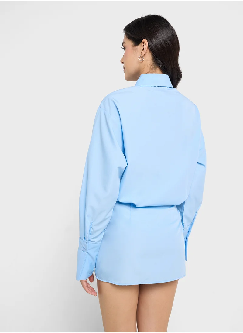 جينجر Clinched Waist Button Down Shirt Dress