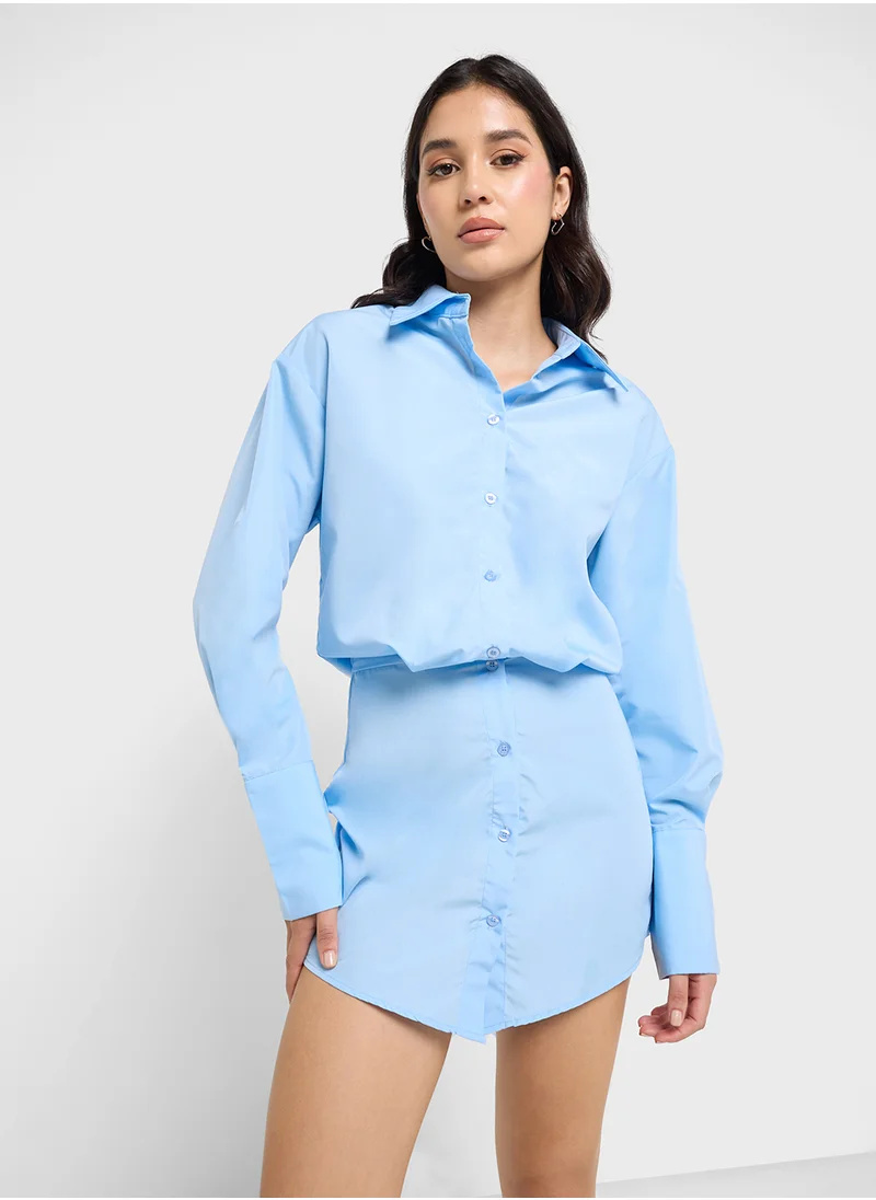 جينجر Clinched Waist Button Down Shirt Dress