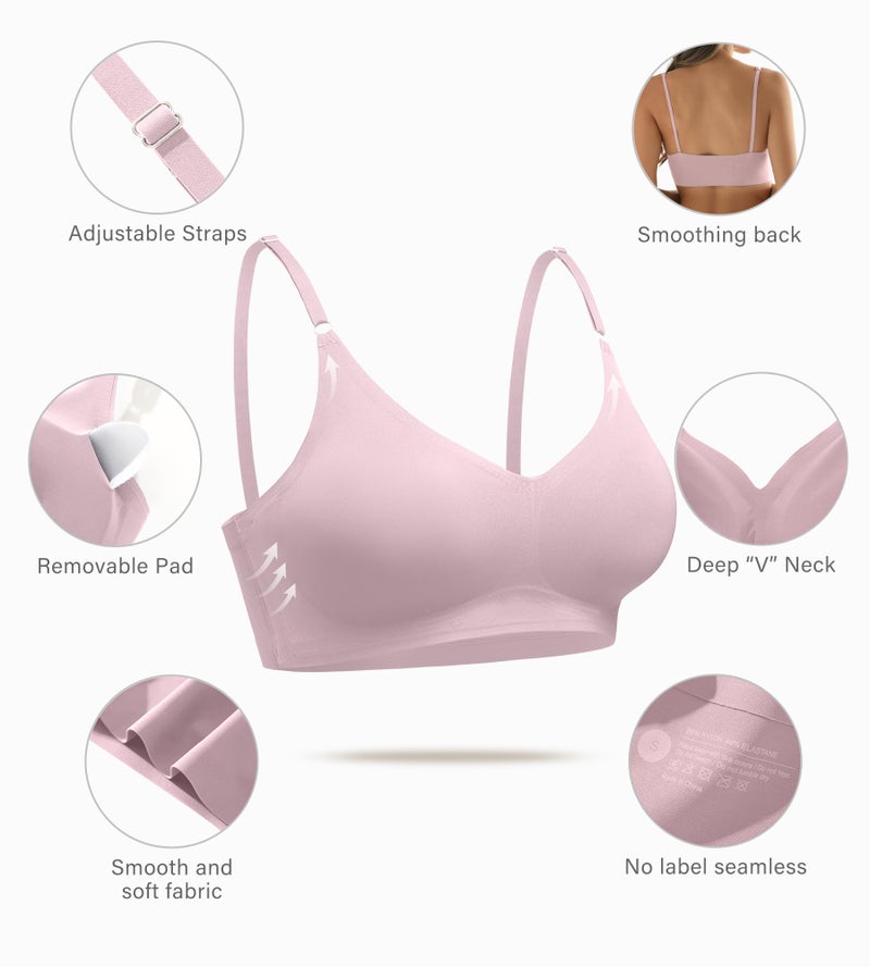 DEANGELMON Seamless Bras for Women V Neck Padded Bra Adjustable Straps Bralettes Everyday Sleeping Bra Multiple Pack(4P13,S) - Image 3