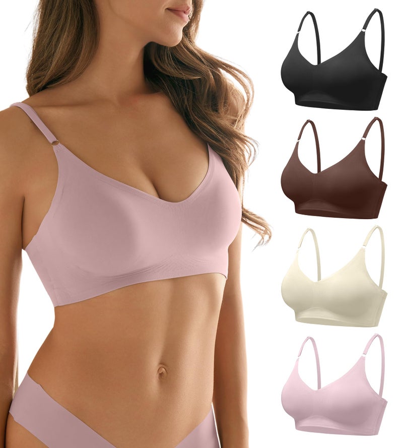 DEANGELMON Seamless Bras for Women V Neck Padded Bra Adjustable Straps Bralettes Everyday Sleeping Bra Multiple Pack(4P13,S) - Image 1