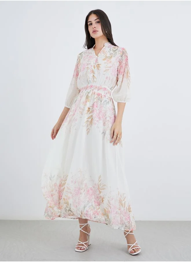 ستايلي Styli Floral Print Cuffed Sleeves A-Line Maxi Dress
