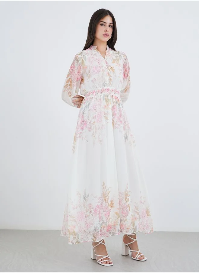 ستايلي Styli Floral Print Cuffed Sleeves A-Line Maxi Dress