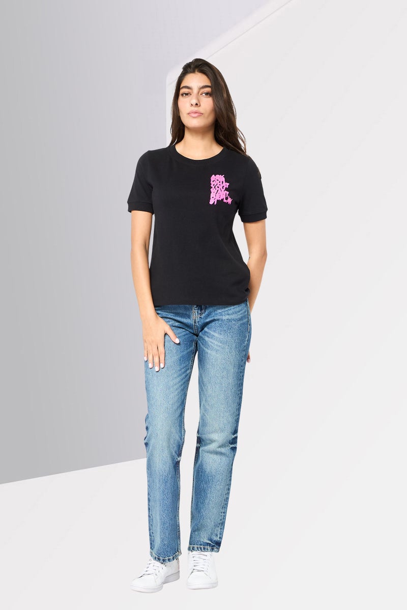 Replay Women Crew Neck Short Sleeves Graphic Print T-Shirt, Black - Image 2