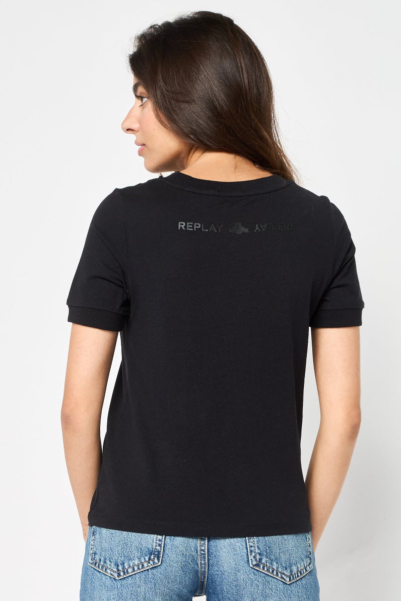 Replay Women Crew Neck Short Sleeves Graphic Print T-Shirt, Black - Image 4