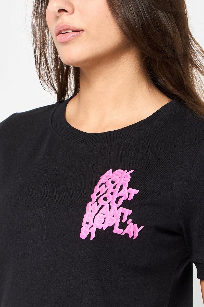 Replay Women Crew Neck Short Sleeves Graphic Print T-Shirt, Black - Image 3