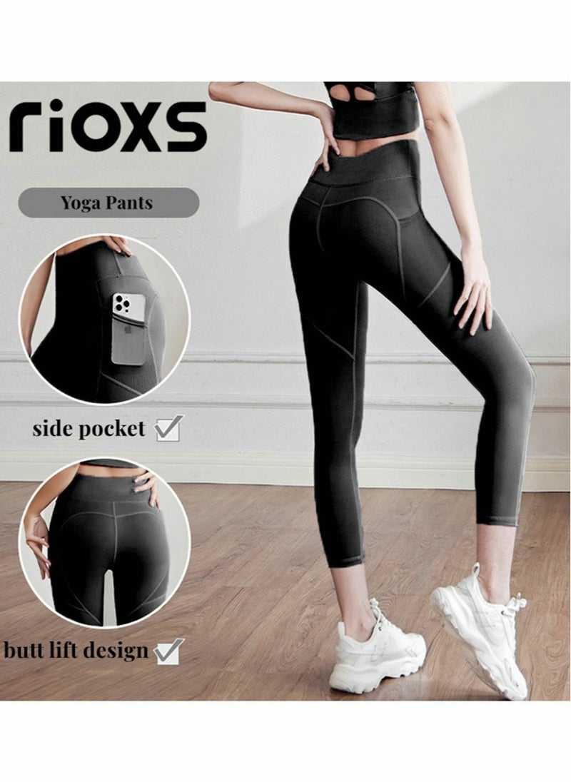 RIOXS - Women's High Waisted Yoga Pants,Stretch Leggings With Side Pockets,Workout Tummy Control Leggings For Sports Gym Yoga Tights,Skinny Leggings For Women Ladies Running - Image 1