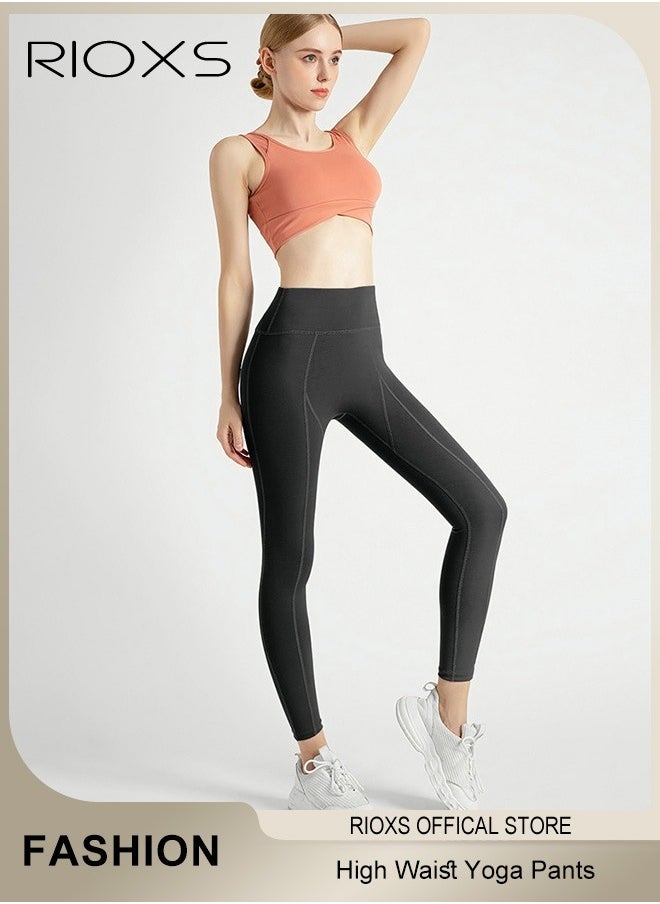 RIOXS - Women's High Waisted Yoga Pants,Stretch Leggings With Side Pockets,Workout Tummy Control Leggings For Sports Gym Yoga Tights,Skinny Leggings For Women Ladies Running - Image 1