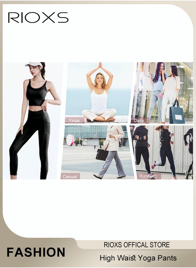 RIOXS - Women's High Waisted Yoga Pants,Stretch Leggings With Side Pockets,Workout Tummy Control Leggings For Sports Gym Yoga Tights,Skinny Leggings For Women Ladies Running - Image 1