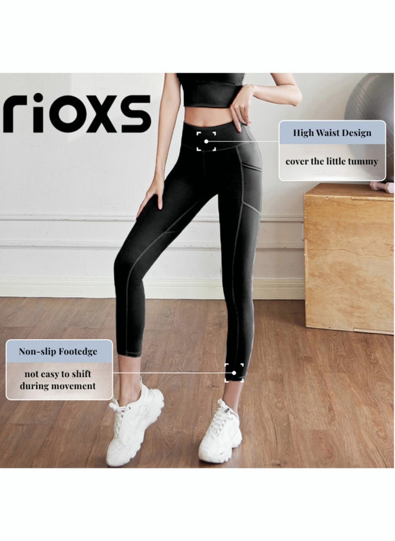 RIOXS - Women's High Waisted Yoga Pants,Stretch Leggings With Side Pockets,Workout Tummy Control Leggings For Sports Gym Yoga Tights,Skinny Leggings For Women Ladies Running - Image 1
