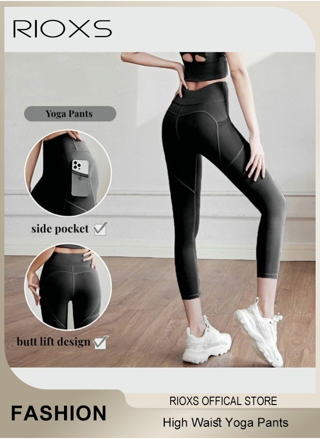 RIOXS - Women's High Waisted Yoga Pants,Stretch Leggings With Side Pockets,Workout Tummy Control Leggings For Sports Gym Yoga Tights,Skinny Leggings For Women Ladies Running - Image 1