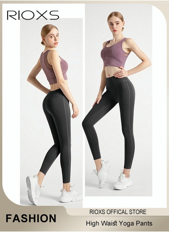 RIOXS - Women's High Waisted Yoga Pants,Stretch Leggings With Side Pockets,Workout Tummy Control Leggings For Sports Gym Yoga Tights,Skinny Leggings For Women Ladies Running - Image 1