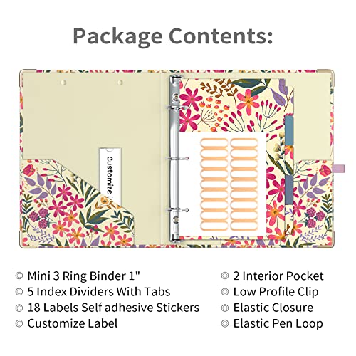 Ospelelf Mini 3 Ring Binder, 1 Inch, Cute Floral Binder for 5.5" x 8.5" with 5 Tab Dividers, File Folder Labels and Low Profile Clipboards - Image 2