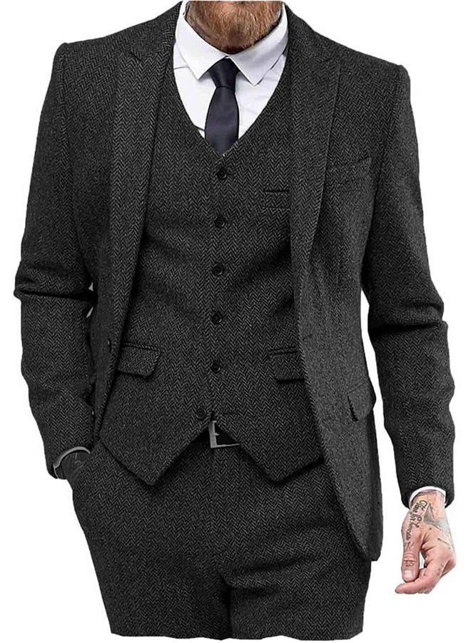 Ceehuteey Mens Tweed Herringbone Wedding Suit Prom Tuxedos 3 Piece Peak Lapel Dress, Black, XL - Image 1