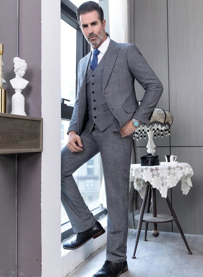 Ceehuteey Mens Tweed Herringbone Wedding Suit Prom Tuxedos 3 Piece Peak Lapel Dress, Black, XL - Image 4