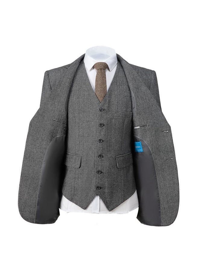 Ceehuteey Mens Tweed Herringbone Wedding Suit Prom Tuxedos 3 Piece Peak Lapel Dress, Black, XL - Image 5