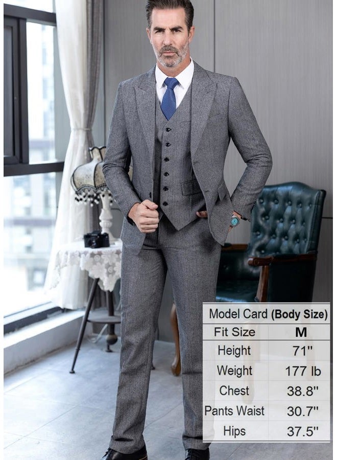 Ceehuteey Mens Tweed Herringbone Wedding Suit Prom Tuxedos 3 Piece Peak Lapel Dress, Black, XL - Image 2