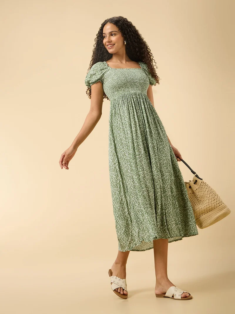 Outzidr  Green A-Line Midi Dress With Smocking And Slit Detail for Women | Best Price UAE