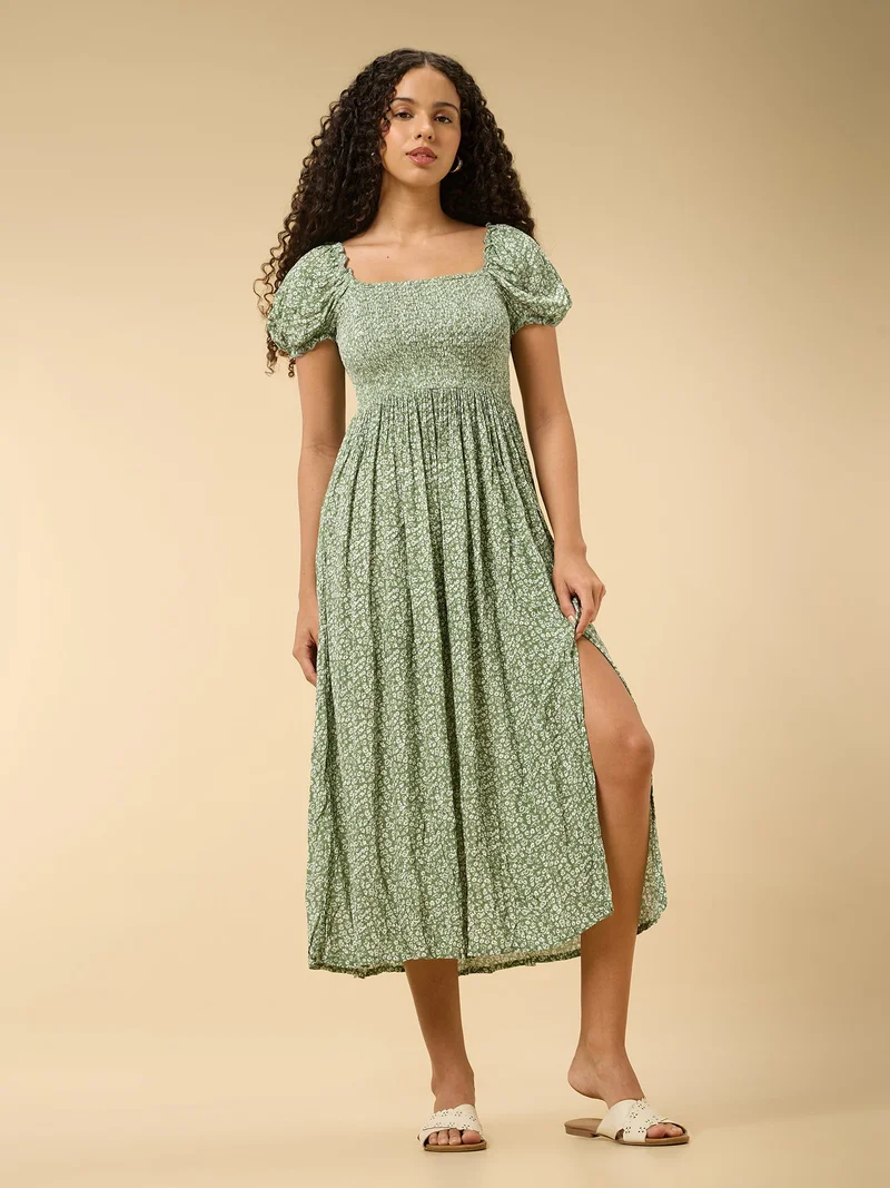 Outzidr  Green A-Line Midi Dress With Smocking And Slit Detail for Women | Best Price UAE
