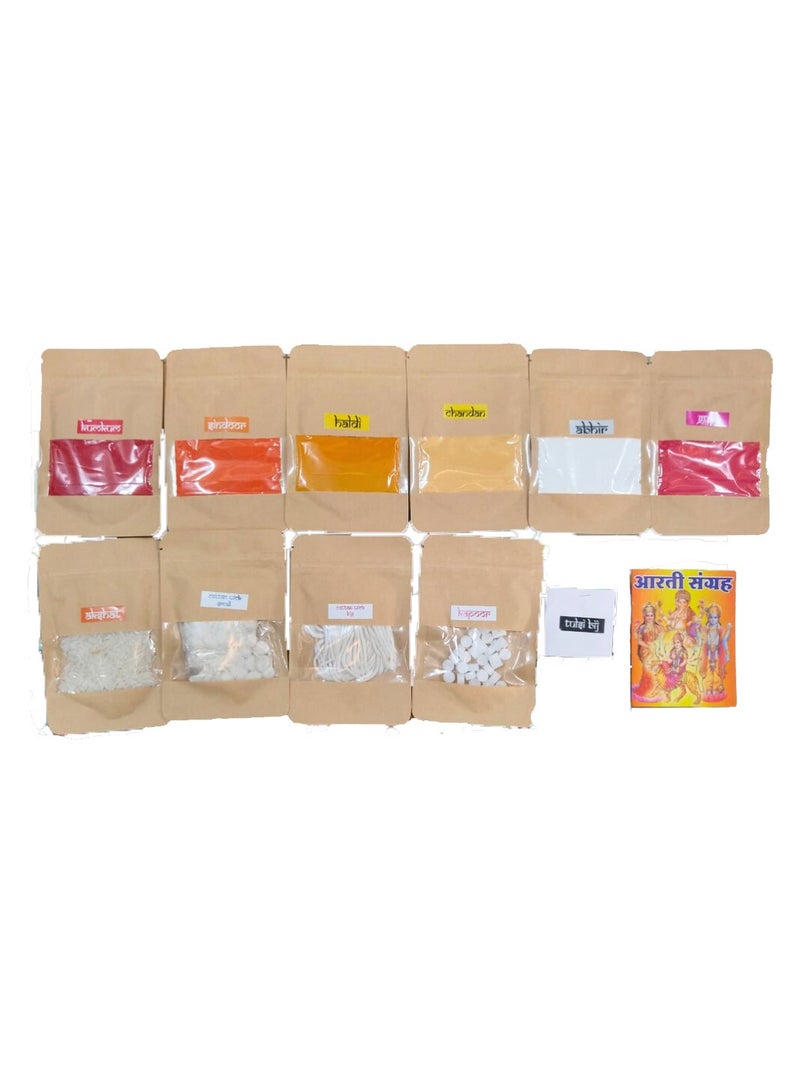 IndiaWeaves Essential Pooja Kit (Haldi, Kumkum, Chandan, Orange sindoor, Gulal, Abeer, Akshat, Roli, Attar, Janeu, Supari, Kapoor, Mix dry fruits, Flower vaat for aarti, Long vaat for akhand diya - Image 1