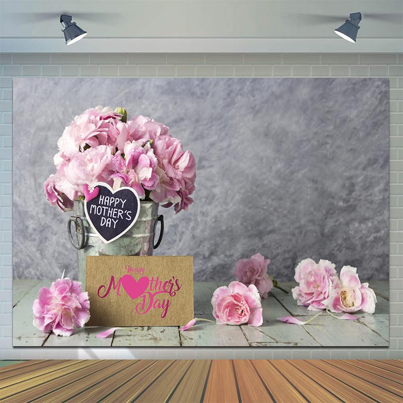 CYLYH 8x6ft Happy Mothers Day Backdrops Pink Carnation Background Wood Floor Backgrounds Gray Abstract Background Mothers Party Bridal Shower Party Decor D524