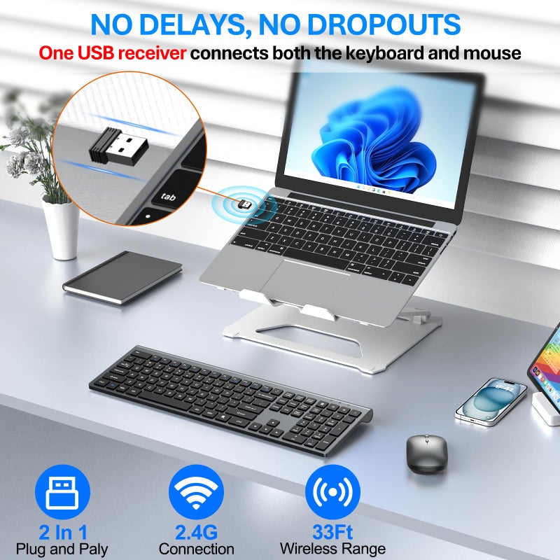 EDJO Wireless Keyboard and Mouse Combo, Full Size Keyboard and Mouse, Long Battery Life, Optical Mouse, 2.4G Lag-Free Cordless Mice Keyboard Set Ultra Slim Design for Computer, Laptop, PC, Mac, Windows - Image 3
