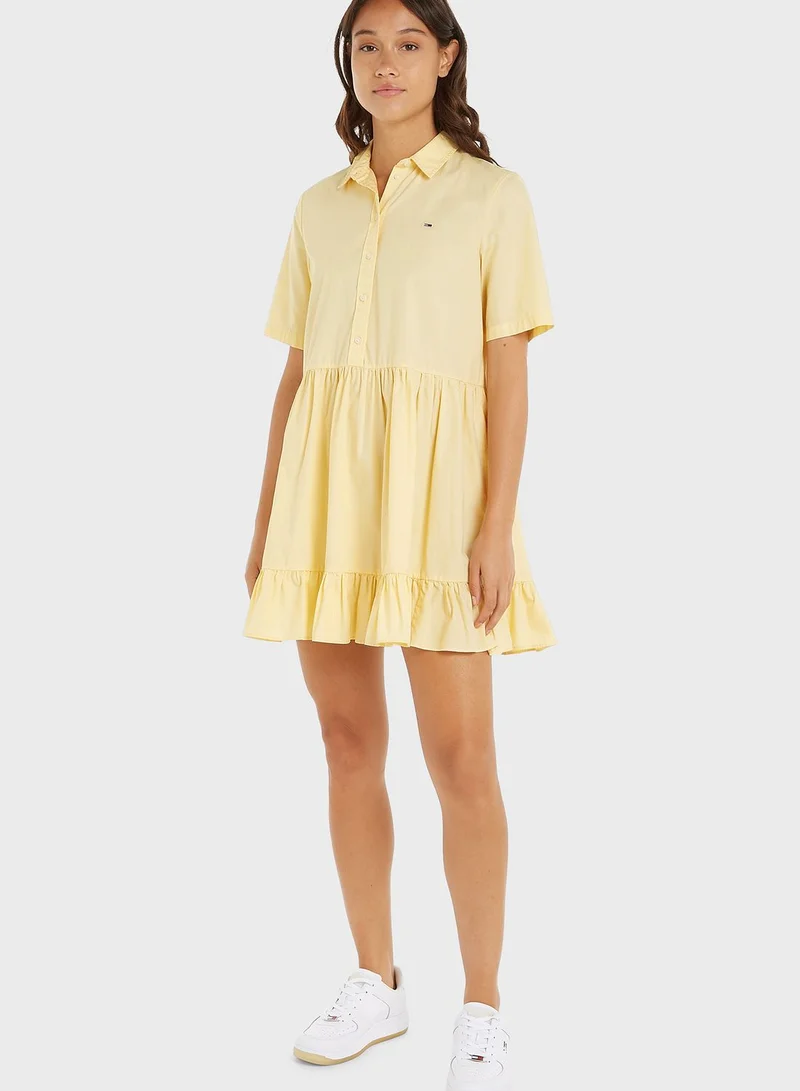 TOMMY JEANS Ruffled Hem Button Detail Dress