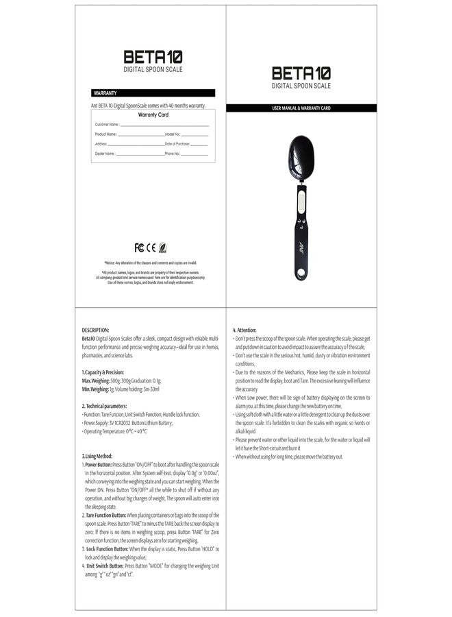 Ant Beta 10 Digital Spoon Scale 500g/0.1g – Multi-Unit (g/oz/gn/ct), LCD Display, ABS Food-Grade Material, Auto-Off, Hold Function, Low Power & Overload Indicators – Kitchen Baking & Cooking Tool - Image 5