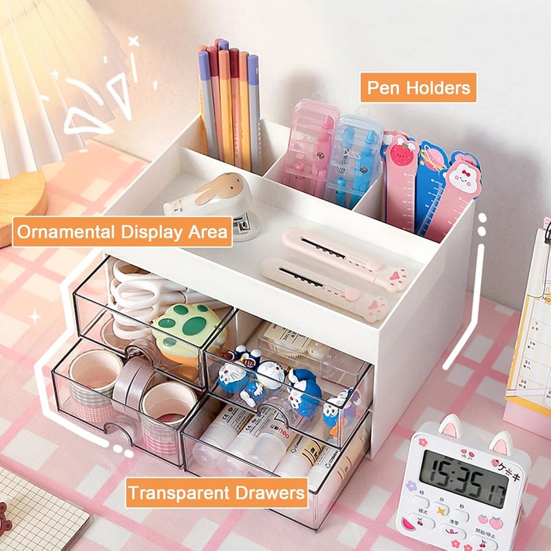 COMFYROOM Desk Organizer and Accessories with 4 Compartments and 4 Drawers, Plastic Makeup Organizer, Pen Holder for Desktop Storage, Desk Organization for School, Home, Office Supplies (White) - Image 4